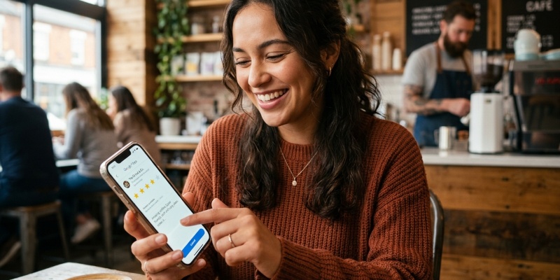 Cliente avaliando um negócio local no celular pelo Google