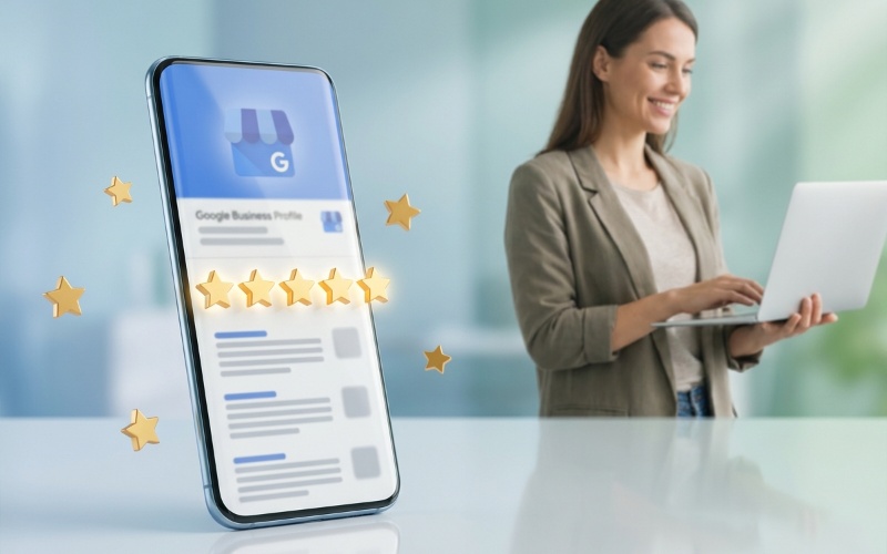 Empresário respondendo avaliações no Google com estratégia de SEO local e reputação digital