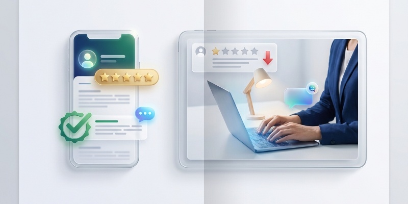 Gestor analisando avaliações positivas no Google Maps e respondendo com estratégia de reputação e SEO local